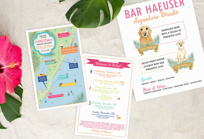Belize destination wedding map with custom watercolor signature cocktail menu