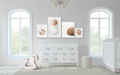 A custom framed newborn gallery wall by dc family photographer