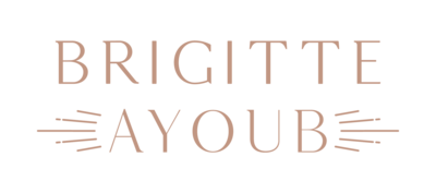 Rose gold text in all caps "Brigitte Ayoub" with sun rays