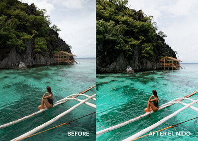 before and after image of girl sitting on boat in ocean