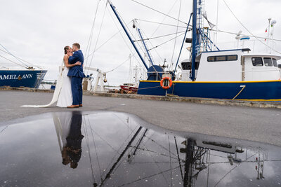 couple reflected in puddle