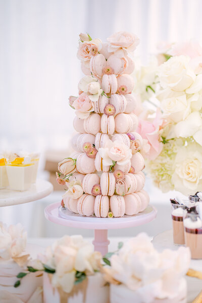 pink macaroons on treats table