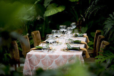 Tablescape using big leaves as part of table decor