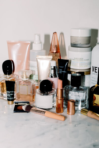 Clean beauty brands on countertop
