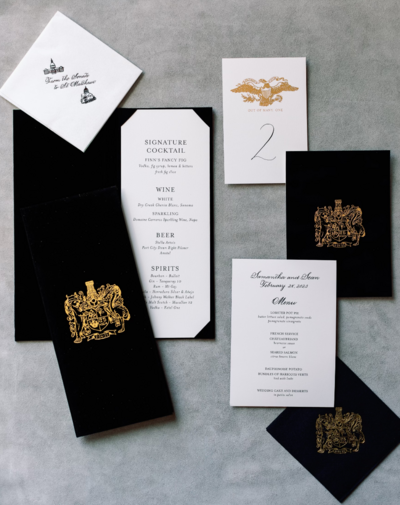 Black, gold and white, wedding bar menu, dinner menu, cocktail napkins, table number