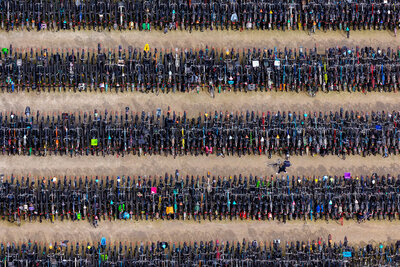 aerial photo of bicycles locked together