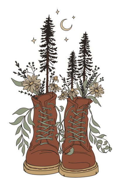 Graphic Image, Hiking boots with leaves around them, a moon above them