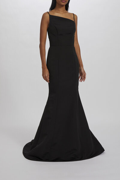 Amsale + Bridesmaids + LUX + GB242A + Faille + Asymmetrical + Spaghetti Strap + High Neck + Fit-to-Flare Gown + Front1