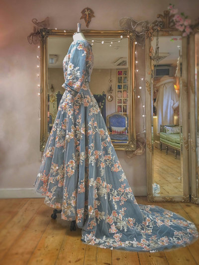 Floral-embroidered-grey-blue-wedding-dress-JoanneFlemingDesign