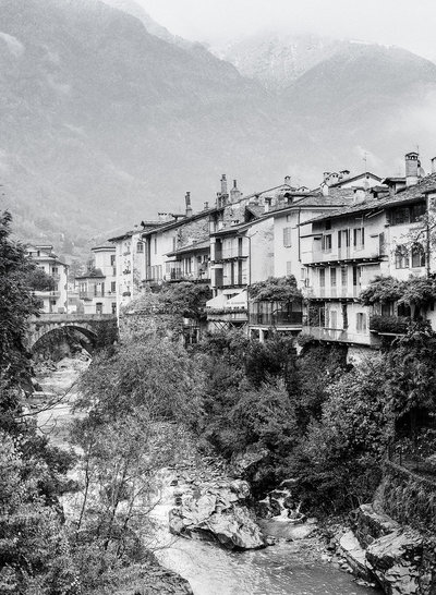 Black and white film photograph of Italian village in the Apls photographed by Fine Art  Film Photographer