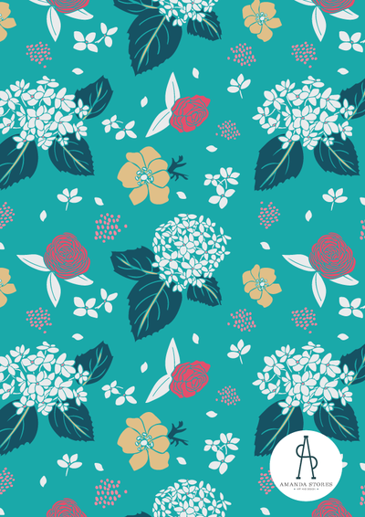 Amanda Stores- Fabric Collection Designer- Johns Creek, GA- Hydrangea Flower pattern on teal background