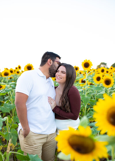 Couple kissing each other's cheeks in a sunflower field