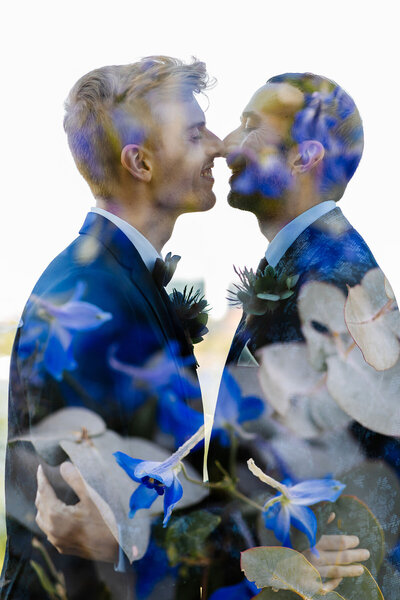 Award winning photographer Lisa Björk photographs newlyweds in a double exposure of flowers in the Swedish Arctic