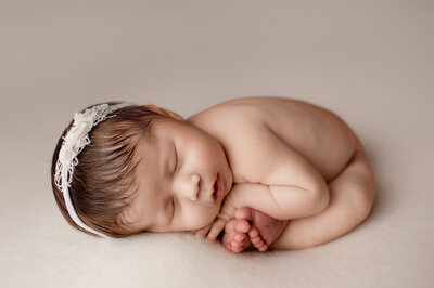 baby girl posed on a cream backdrop in a denver newborn studio