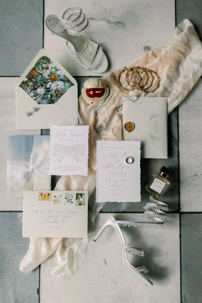Wedding invitations and details in flatlay