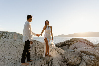 Satin gown and Jimmy Choos in this sunset Vancouver engagement captured by Bronte Taylor Photography, intimate and genuine wedding photographer in Vancouver, BC. Featured on the Bronte Bride Blog.