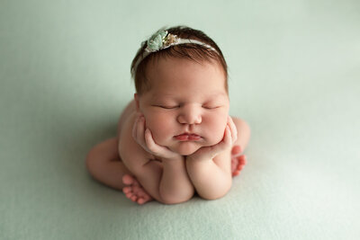 newborn baby girl on mint background