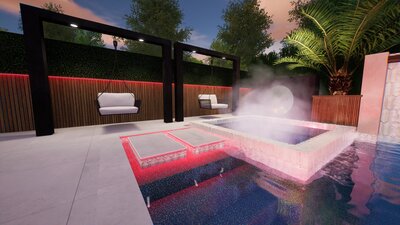 Stunning SoCal backyard design with LED-lit cabinetry and custom water & fire features.