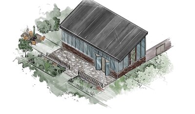 Rendering of mid-century modern wedding venue backporch view