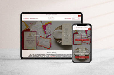 The Koya Invitations website screenshot displayed on an iPhone and iPad