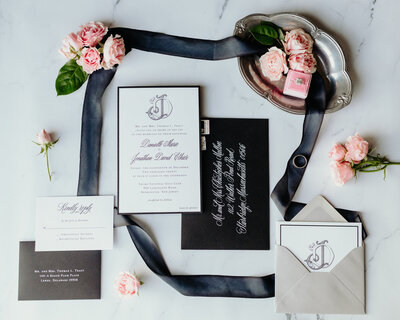 Light and airy wedding invitation suite with custom calligraphy