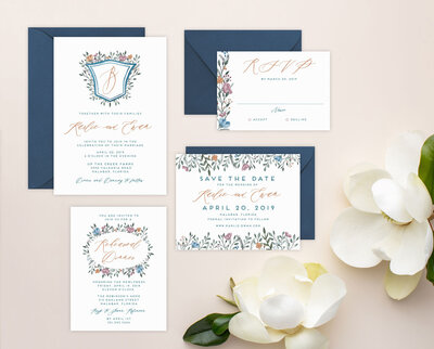 Dusty Blue and Navy Wedding Invitations with Simple crest and watercolor flowers