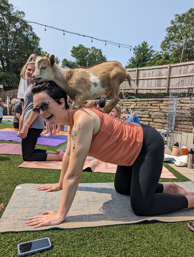 Amber on a yoga mat, with a baby goat on her back, while having fun at "goat yoga", in downtown Easley!