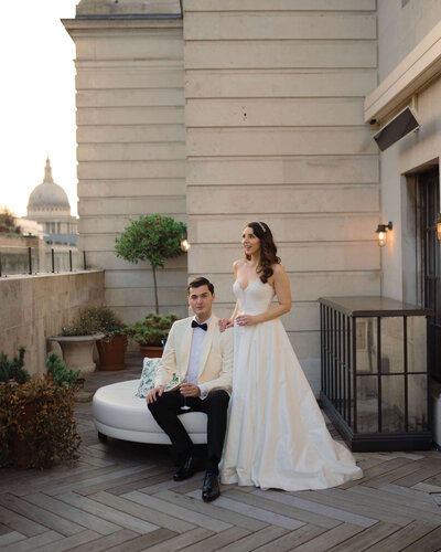 bride and groom on the ned’s rooftop in London at their wedding planned by Westacott weddings and events