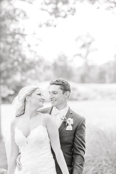 Romantic black and White portrait of bride and groom