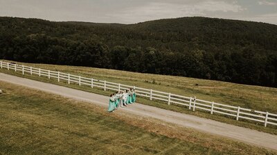 Bridal party standing on a path on farm, Berkshire Farm Wedding