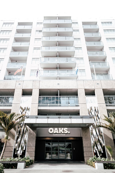 Exterior photo of Oaks Hotel Auckland City with new signage
 in Auckland, photographed by Zanthe Vorsatz, proposal and engagement photographer.