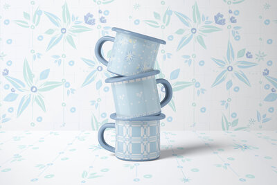 Blue and white patterned mugs