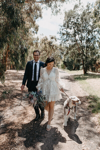 bride and groom walking their dog and playing fetch