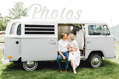 Wedding Couple in retro van, in Utah