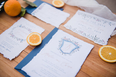 Hand Painted Watercolor Crest Wedding Invitations on Handmade Deckled Edge Paper