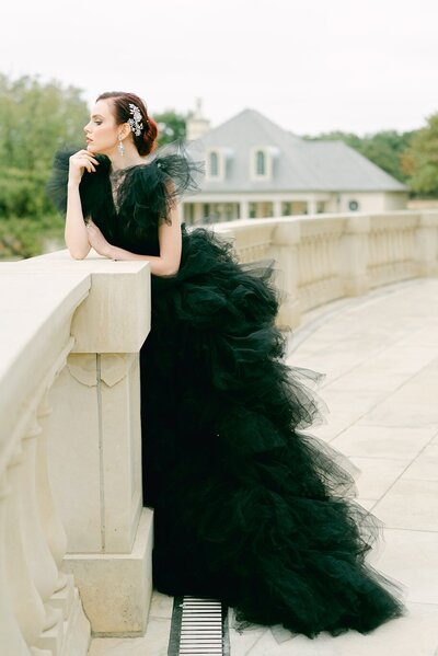Bride in luxury black tulle wedding gown