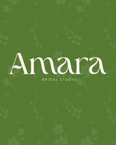 Bridal Studio logo in white serif font on green background with floral pattern.