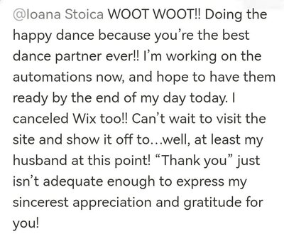 screen shot of a love note from a client to Ioana
