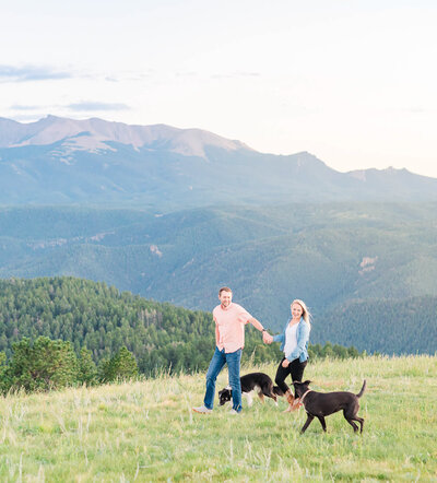 A man and woman hold hands and walk on a grassy mountain top with their two dogs.