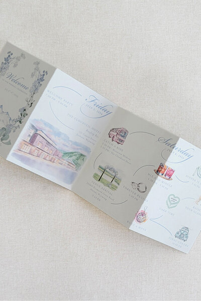 French blue wedding itinerary for a summer wedding in Jackson, WY, featuring a minimalist design with soft watercolor accents