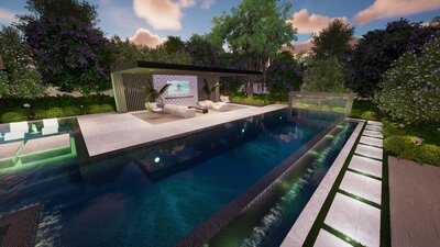 Luxury pool design with vanishing edge and custom water feature.