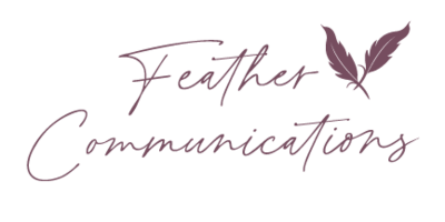 Logo with the words "Feather Communications - giving confidence to job seekers" and a simple feather icon