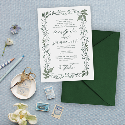 Wedding Invitations with Painted Green leaf Frame