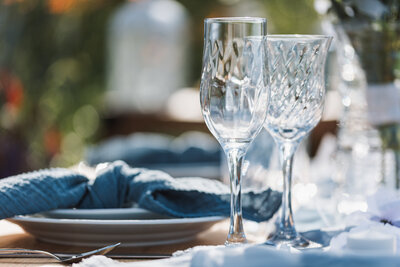 detail photo of glassware on an outdoor table with blue accents by Pocono wedding Photographer Eric Boylan at Windridge estate in Cazenovia, NY