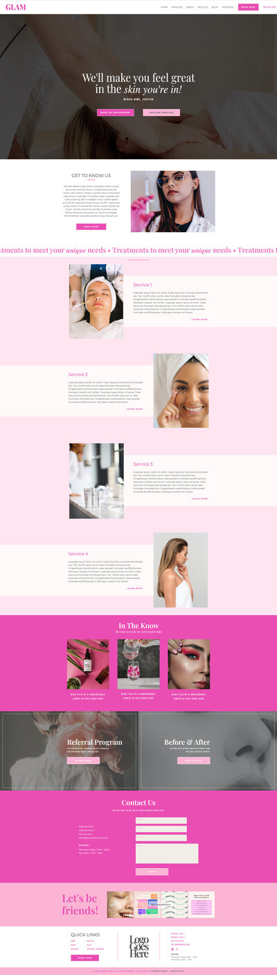 glam pink and white showit website template homepage