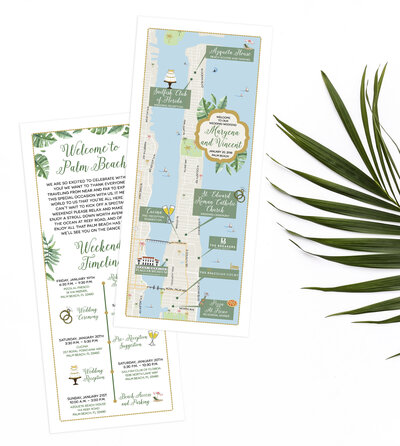 wedding map of palm beach florida with timeline and welcome note