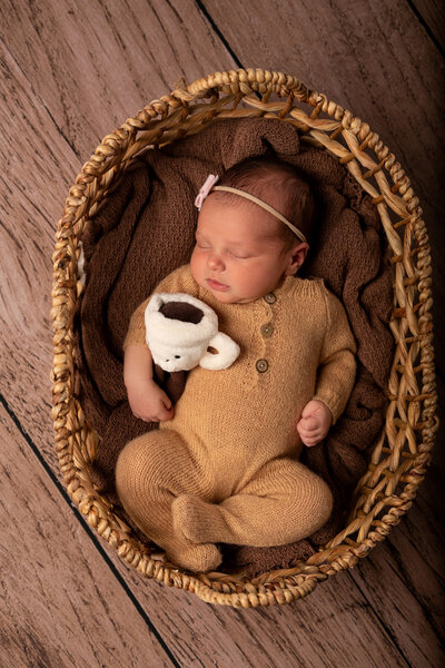 Sleeping newborn baby girl in Charlotte, NC, curled up in a basket. Cozy knit outfit, perfect tiny pink bow and a cute cappuccino stuffie