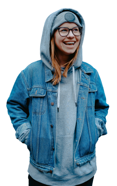 young woman smiling wearing glasses and hoodie