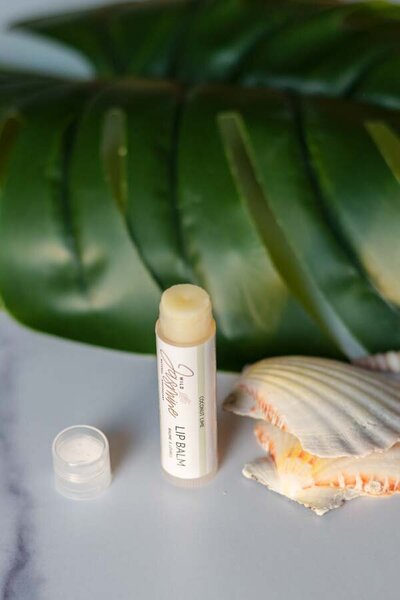 Lip balm standing up right with the cover off with a shell and tropical leaf in the background