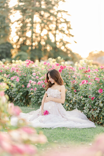 A maternity photography session taken by Bay area photographer shows a baby bump at a rose garden in san jose, ca